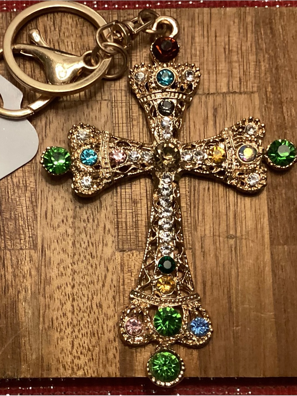Multicolor Rhinestone Cross Keychain or Bag Charm- Gold Tone - Picture 4 of 4